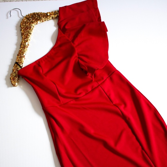 Red One Shoulder Ruffle Bodycon Midi Dress - Picture 6 of 8